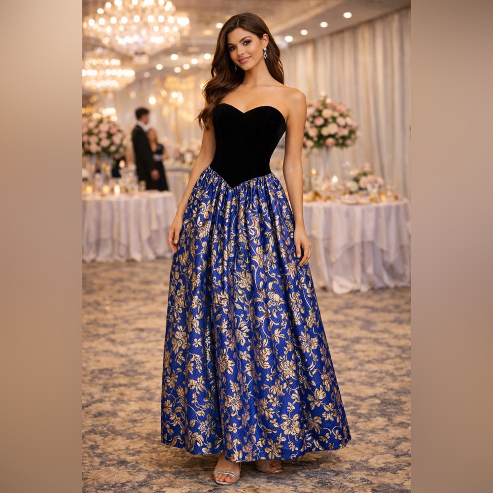 Vintage Jessica McClintock Velvet Blue Gold Strapless Prom Dress 4 S Regency